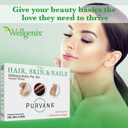 Botella Wellgenix Purvana biotina para cabello y uñas