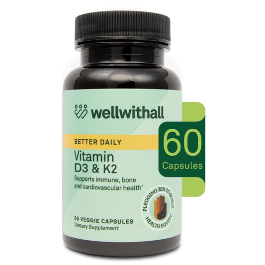 Botella WellWithAll Vitamina D3 K2 suplemento 60 cápsulas vegetales