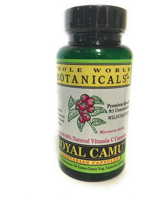 Botella Whole World Botanicals Royal Camu 70 cápsulas