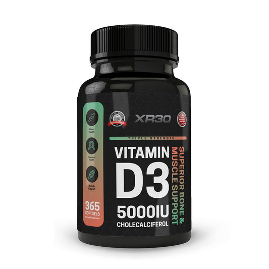 Botella XR30 Vitamina D3 5000IU para salud ósea y muscular