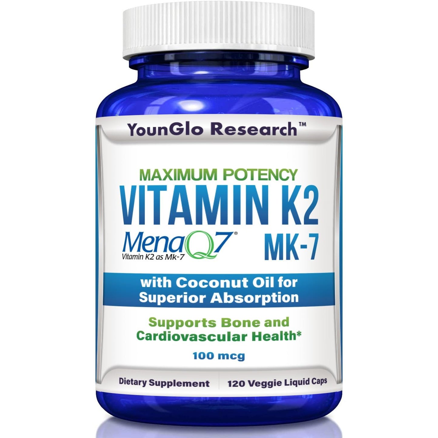 Botella YounGlo Research vitamina K2 MK7 cápsulas veganas