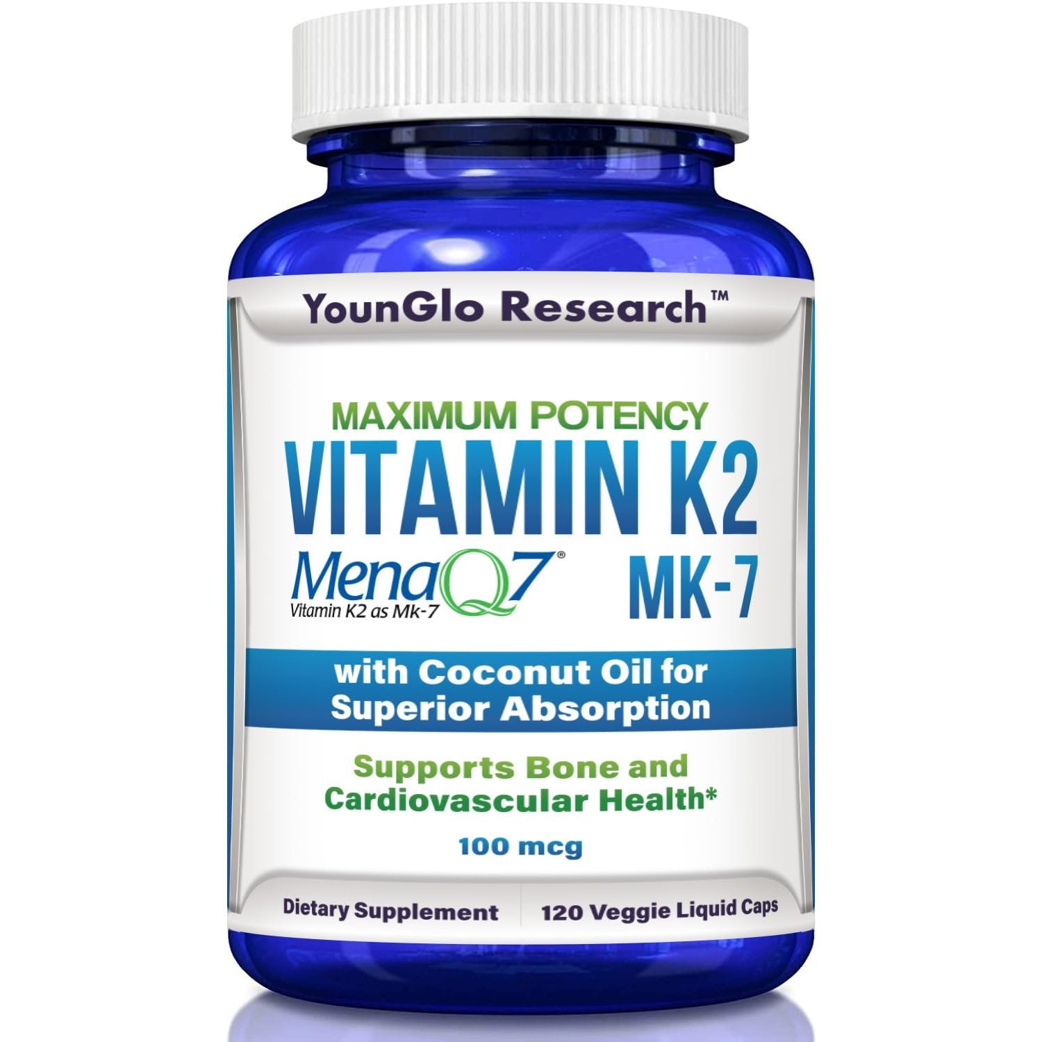 Botella YounGlo Research vitamina K2 MK7 cápsulas veganas