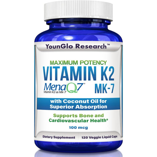 Botella YounGlo Research vitamina K2 MK7 cápsulas veganas