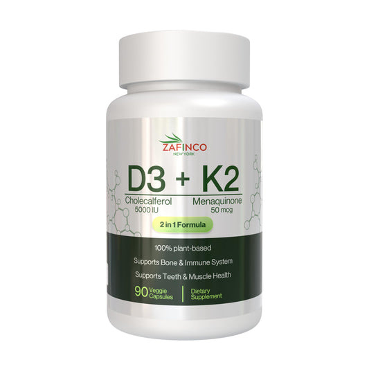 Botella ZAFiNCO vitamina d3 5000ui y vitamina k2 mk7 en cápsulas