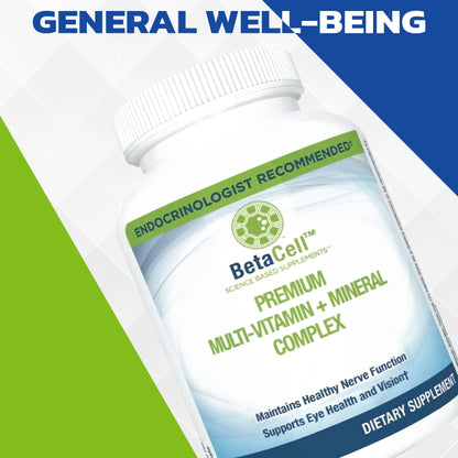 Botellas de BETACELL multivitamínico con enfoque en ingredientes.