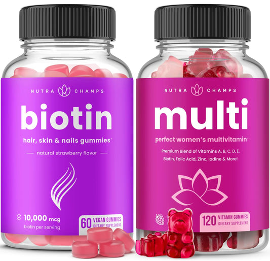 Botellas de gomitas de biotina y multivitaminas NutraChamps