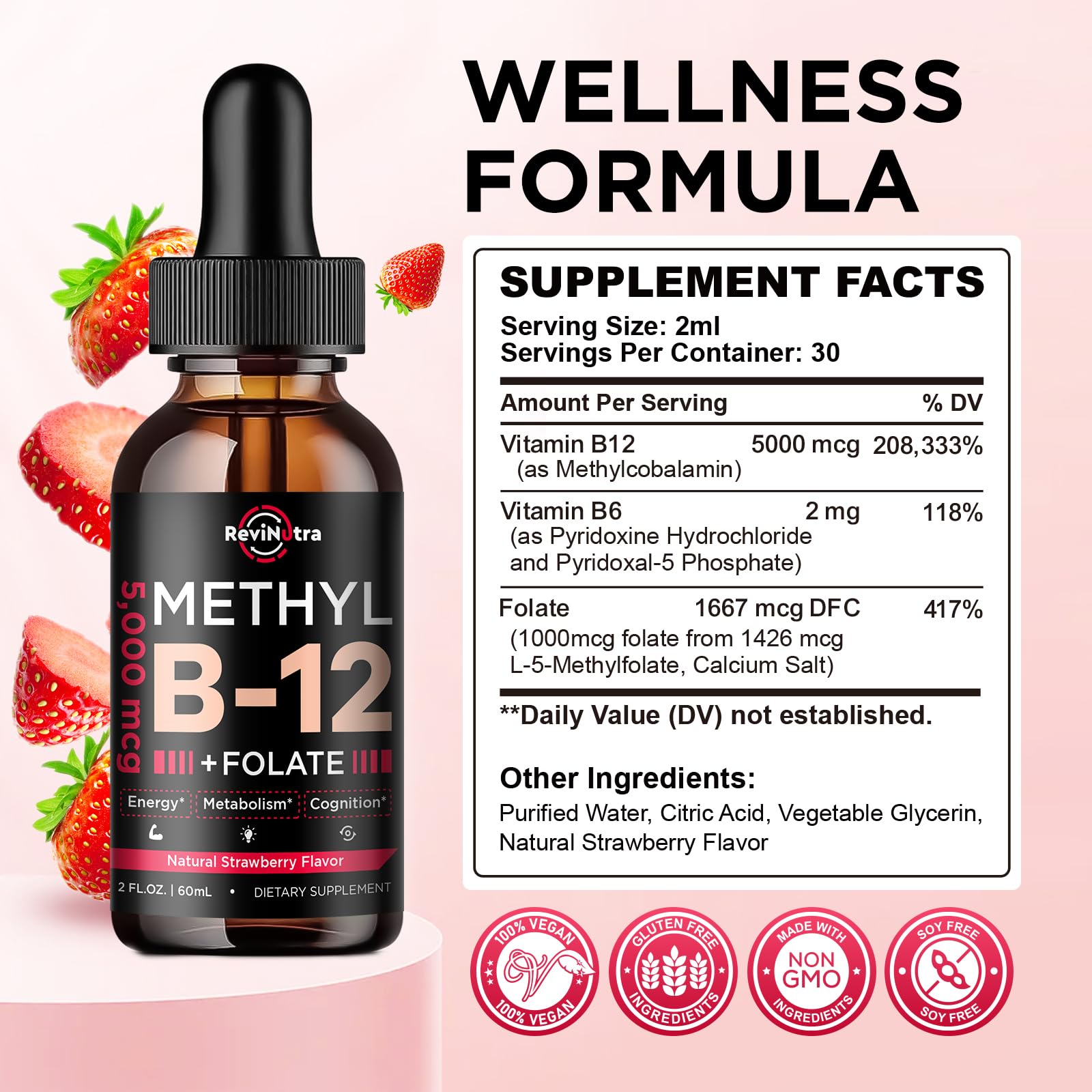 Botellas gotas líquidas ReviNutra vitamina b12 complejo b sabor fresa