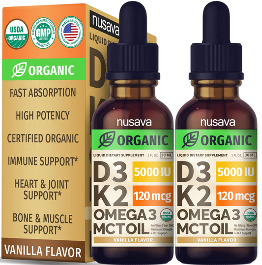Botellas gotas líquidas NUSAVA vitamina D3 K2 5000 IU sabor vainilla