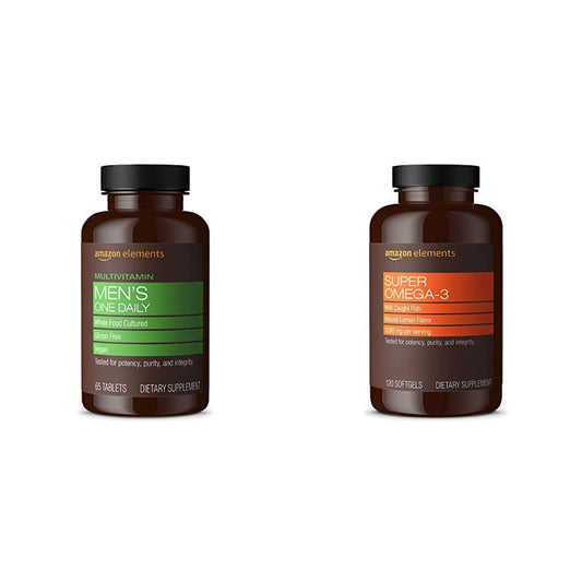 botellas de multivitamínico y omega-3 amazon elements