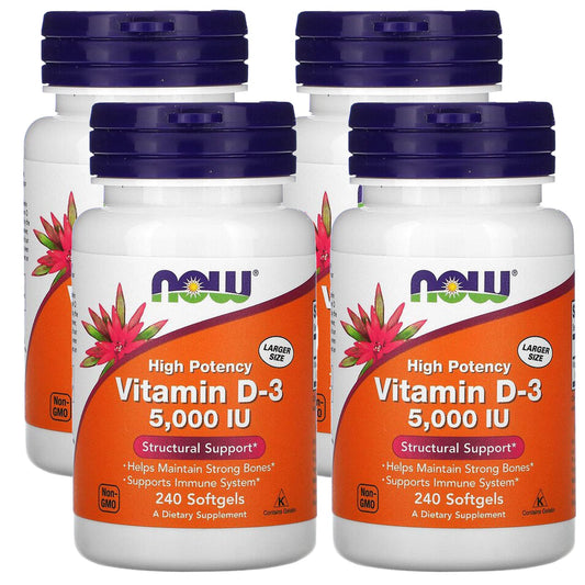 Botellas NOW Foods Vitamina D-3 5000 UI 240 softgeles paquete de 4