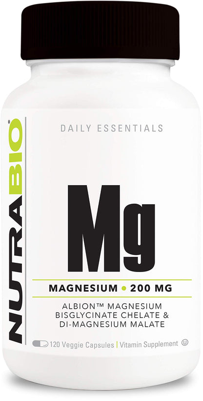 Botellas de NutraBio complejo B-100 y magnesio suplemento