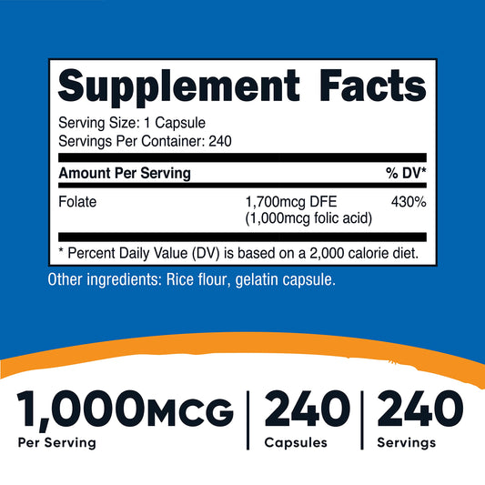 Botellas de Nutricost ácido fólico 1000 mcg suplemento