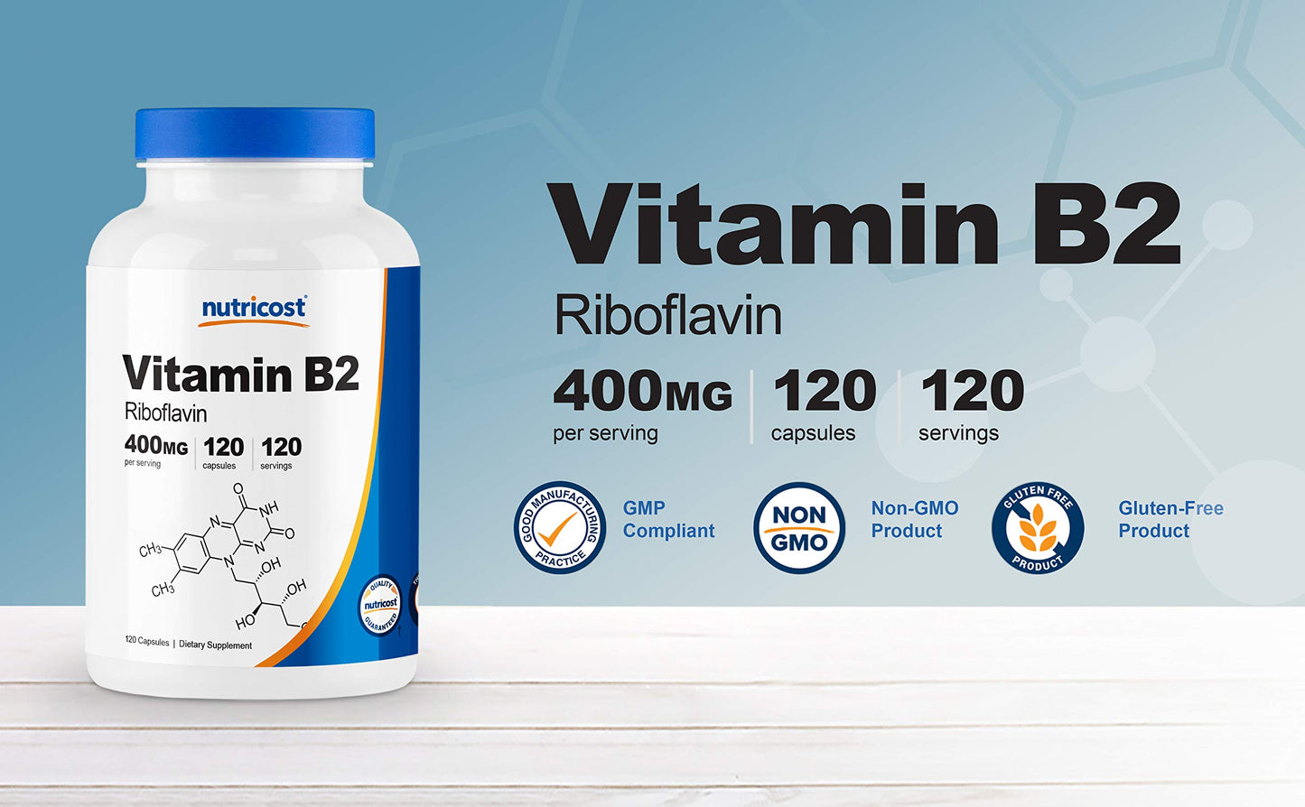 Botellas Nutricost vitamina B2 400mg 120 cápsulas, vista frontal