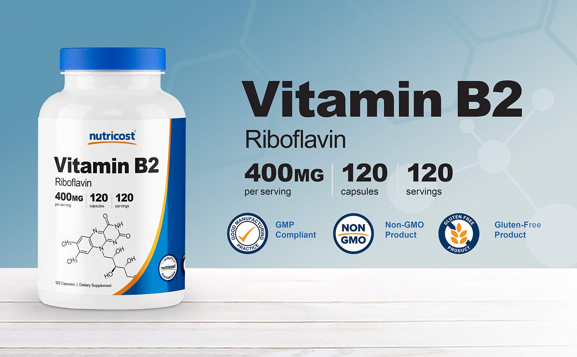 Botellas Nutricost vitamina B2 400mg 120 cápsulas, vista frontal
