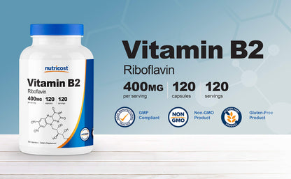 Botellas Nutricost vitamina B2 400mg 120 cápsulas, vista frontal