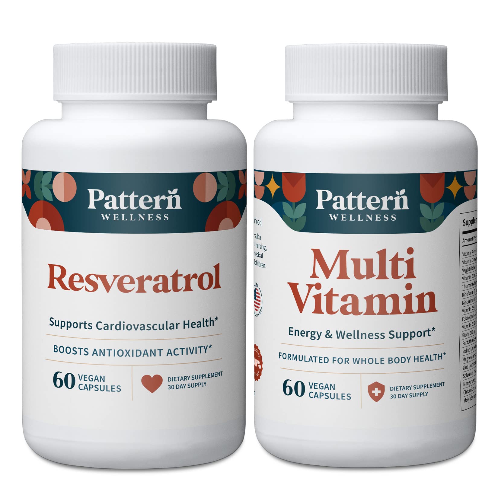 Botellas de suplementos Pattern Wellness multivitamínico y resveratrol