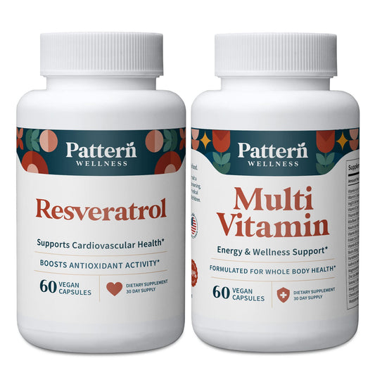 Botellas de suplementos Pattern Wellness multivitamínico y resveratrol