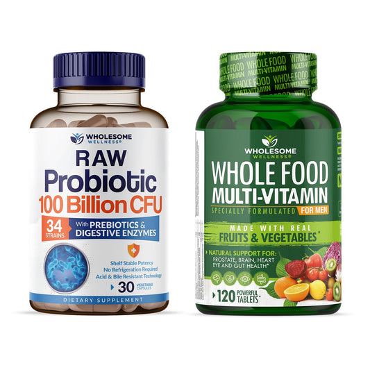 Botellas de probióticos y multivitaminas Wholesome Wellness.