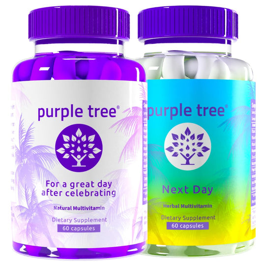 Botellas de Purple Tree vitaminas post celebración