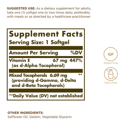 Botellas Solgar vitamina E antioxidente libre gluten