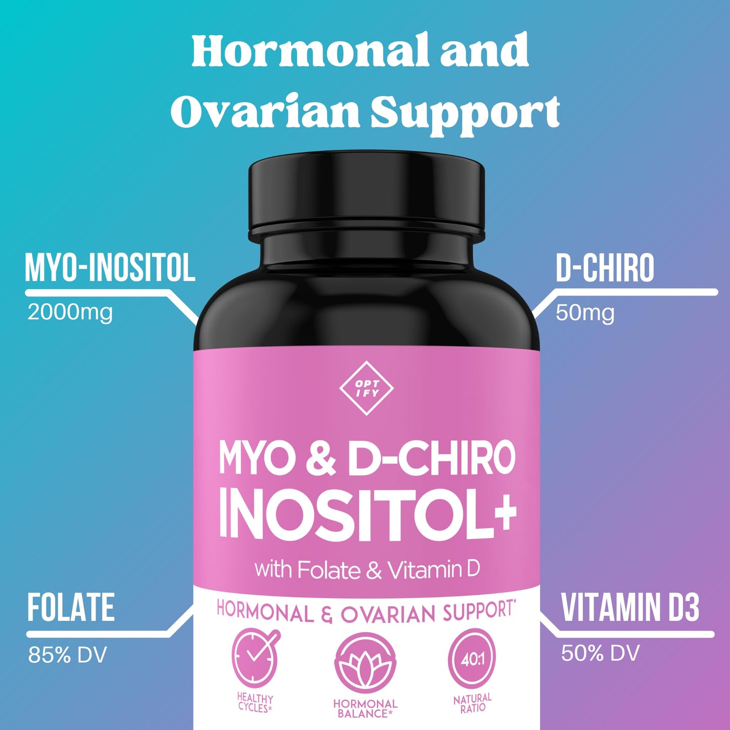Botellas de suplemento de inositol para equilibrio hormonal femenino
