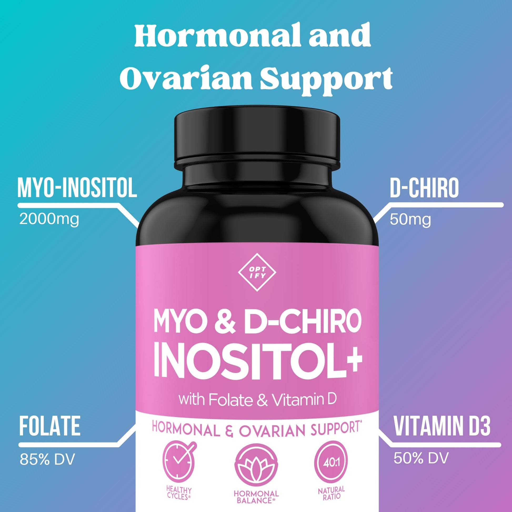 Botellas de suplemento de inositol para equilibrio hormonal femenino
