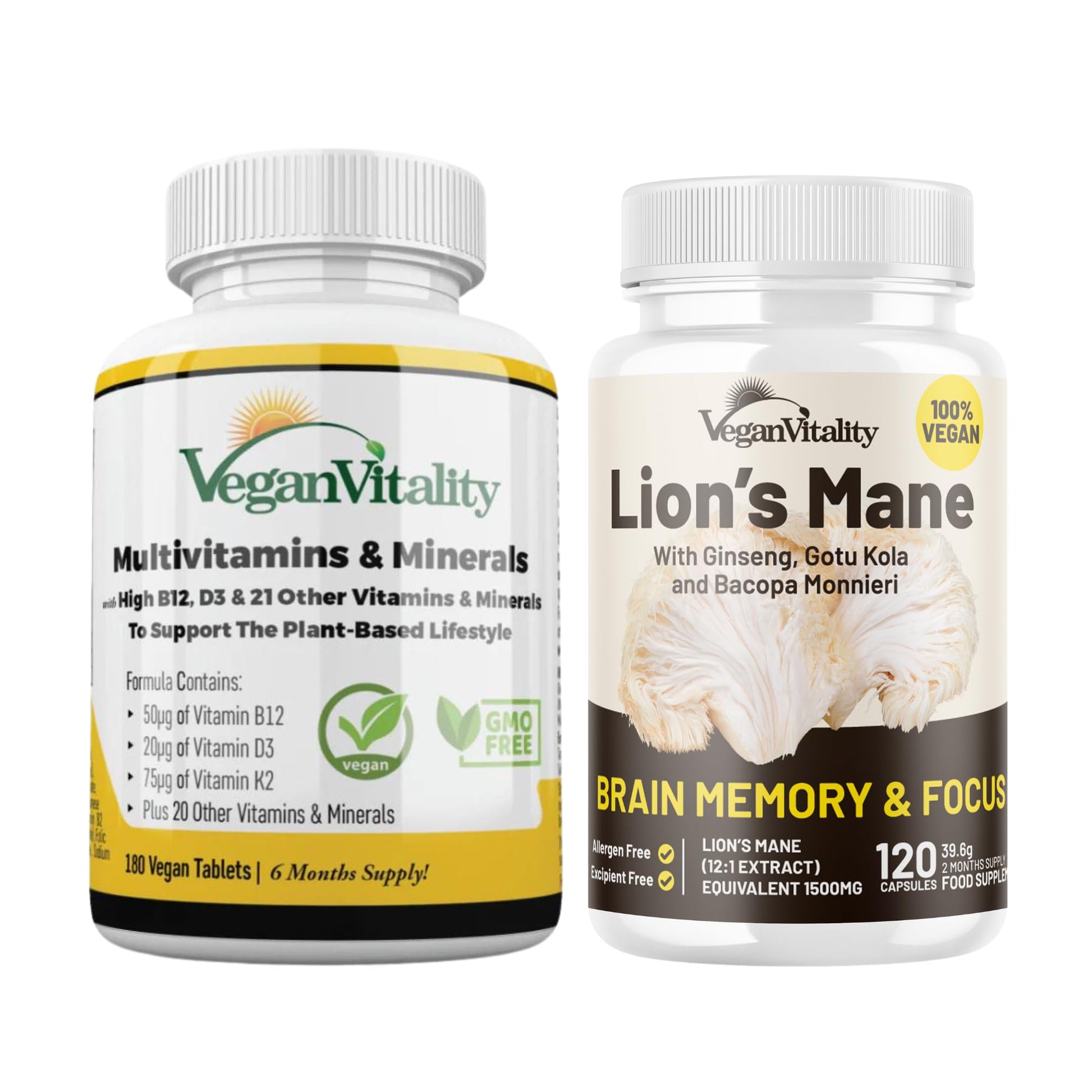 Botellas de suplemento Lion's Mane y multivitaminas lado a lado.