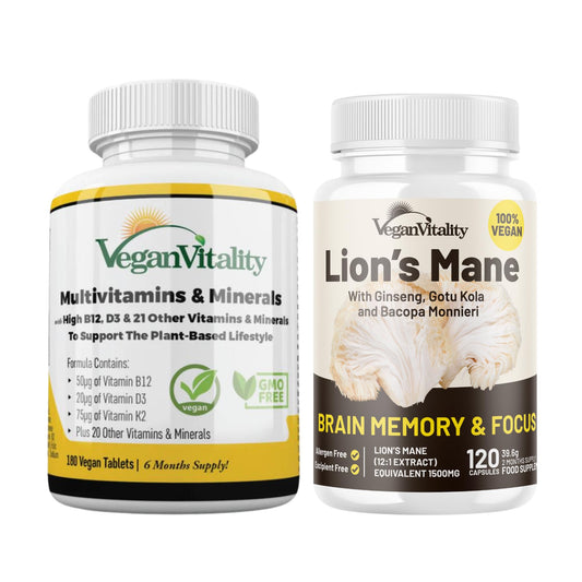Botellas de suplemento Lion's Mane y multivitaminas lado a lado.