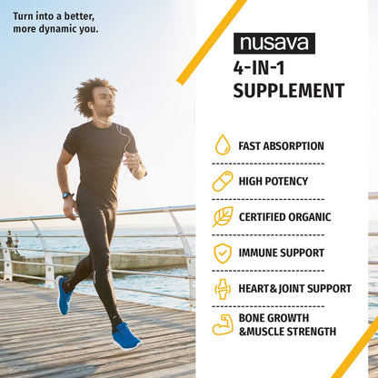 Botellas suplemento líquido NUSAVA vitamina D3 K2 Omega 3