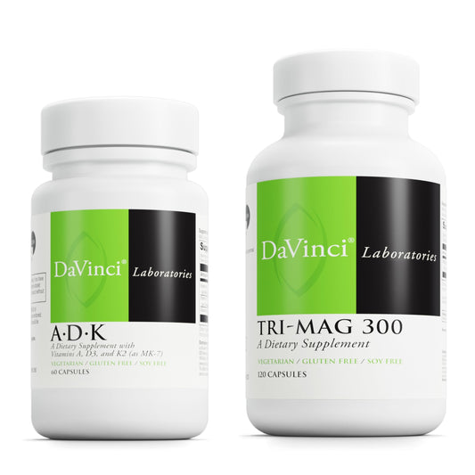 Botellas de suplementos ADK y Tri-Mag 300 de DaVinci Labs