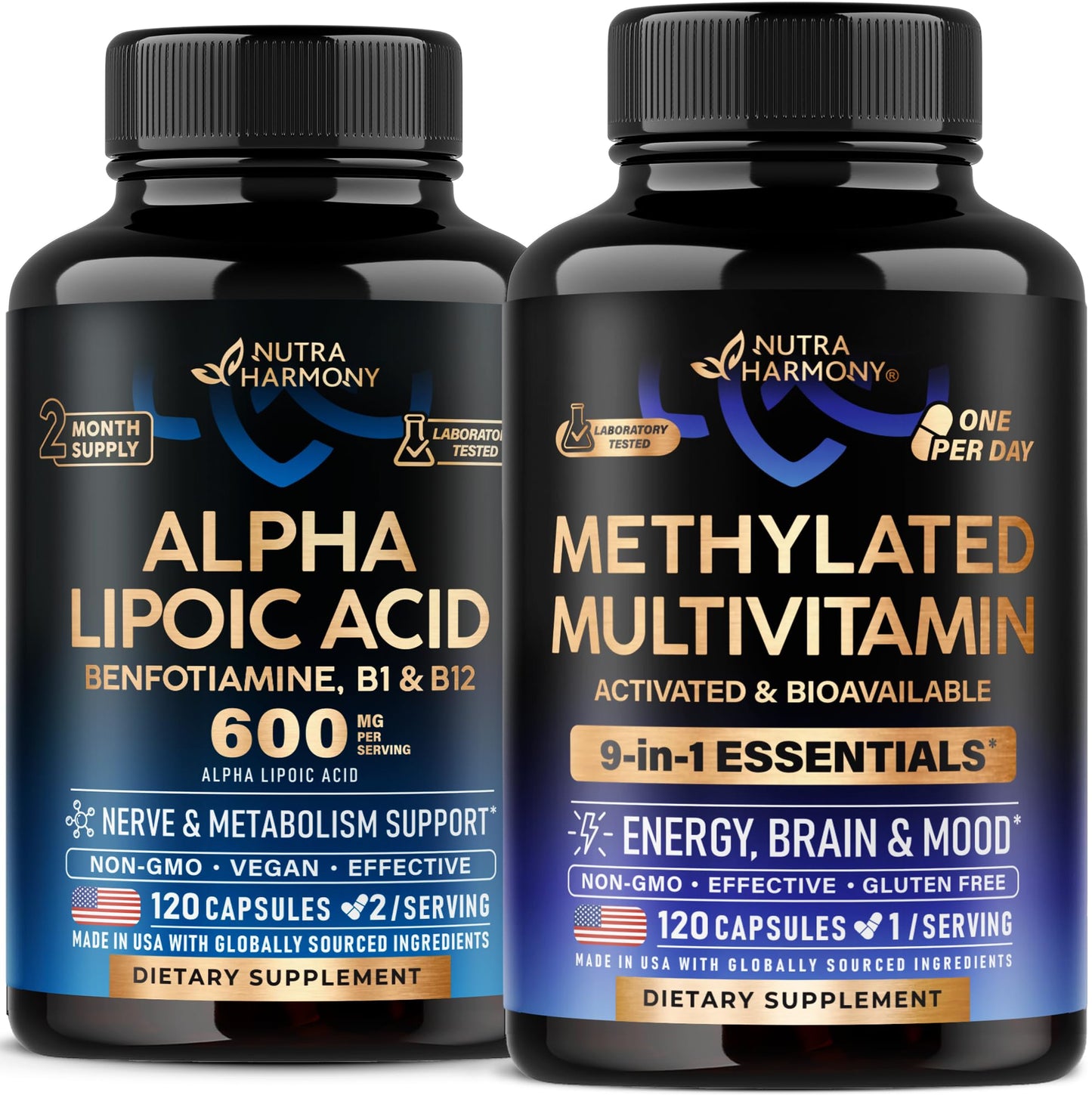 botellas de suplementos alfa lipoico y multivitamina nutraharmony