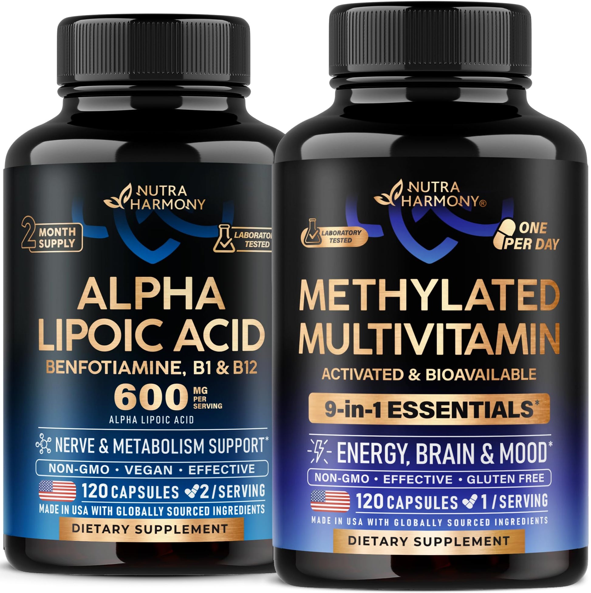 botellas de suplementos alfa lipoico y multivitamina nutraharmony