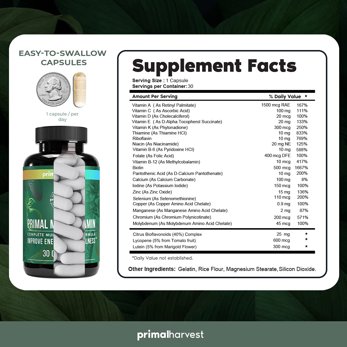 Botellas de suplementos Primal Harvest multivitaminas y magnesio