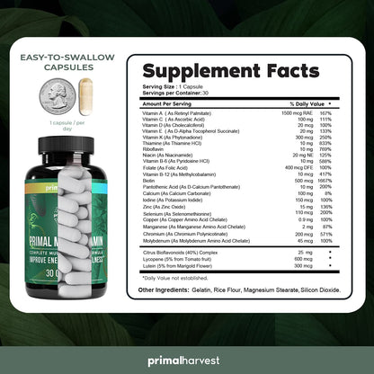 Botellas de suplementos Primal Harvest multivitaminas y magnesio