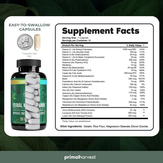 Botellas de suplementos Primal Harvest multivitaminas y magnesio