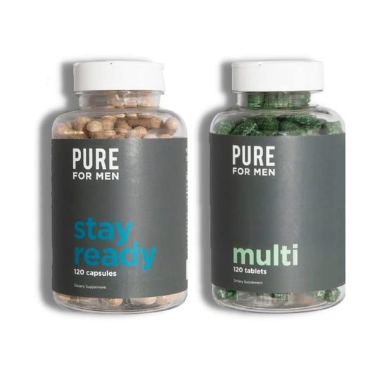 botellas de suplementos Pure for Men Stay Ready y multivitamínico