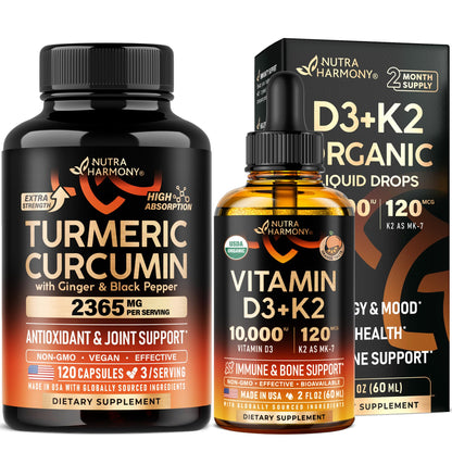 Botellas gotas vitamina D3 K2 y cápsulas cúrcuma curcumina