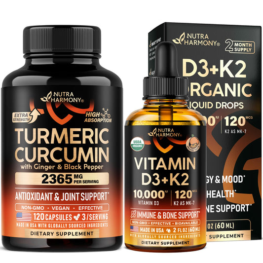 Botellas gotas vitamina D3 K2 y cápsulas cúrcuma curcumina