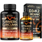 Botellas gotas vitamina D3 K2 y cápsulas cúrcuma curcumina