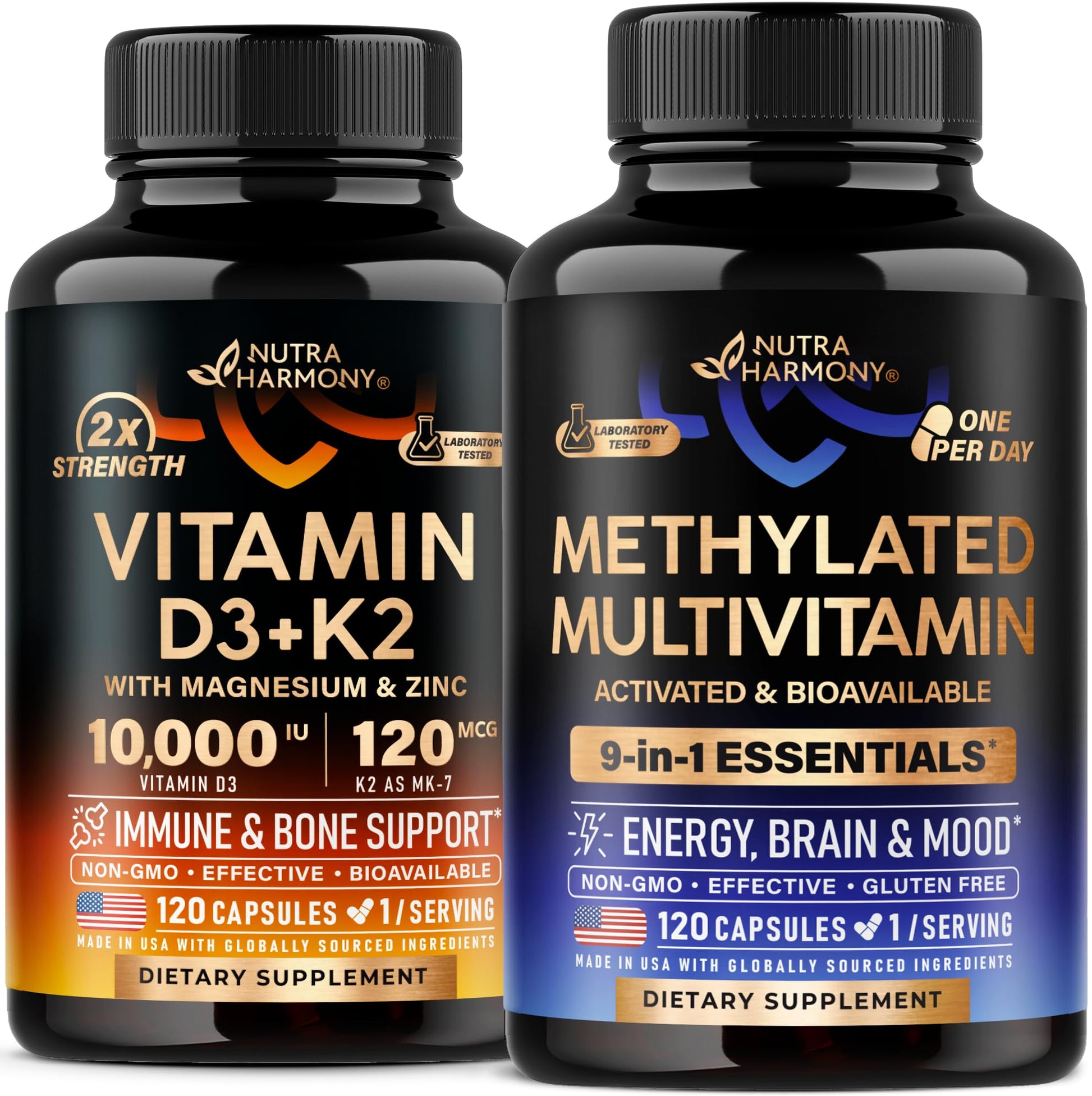 botellas de vitaminas d3 k2 y multivitaminas nutraharmony