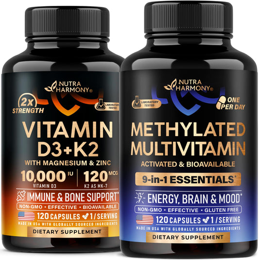 botellas de vitaminas d3 k2 y multivitaminas nutraharmony