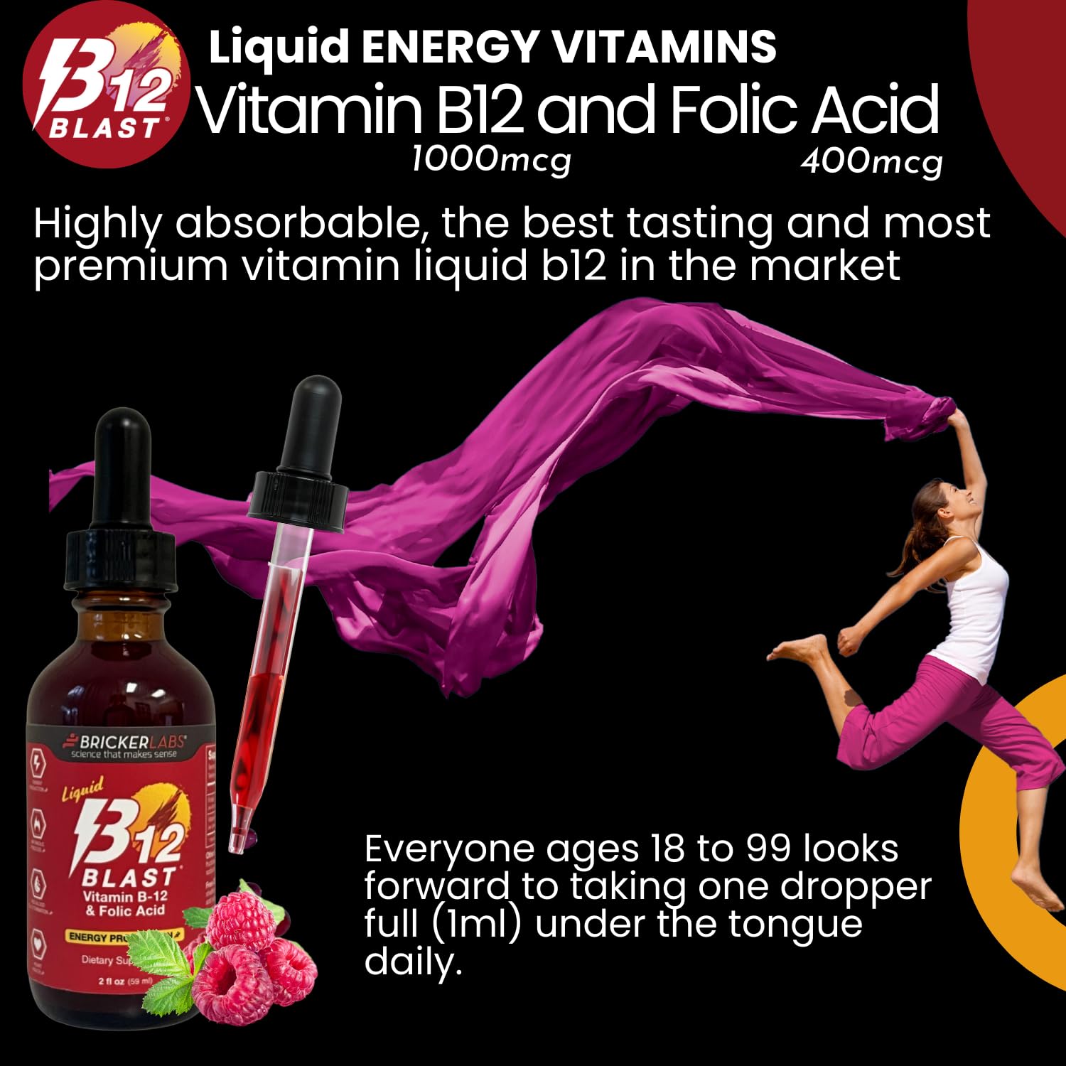 Bricker Labs B-12 Blast líquido para energía con sabor natural frambuesa