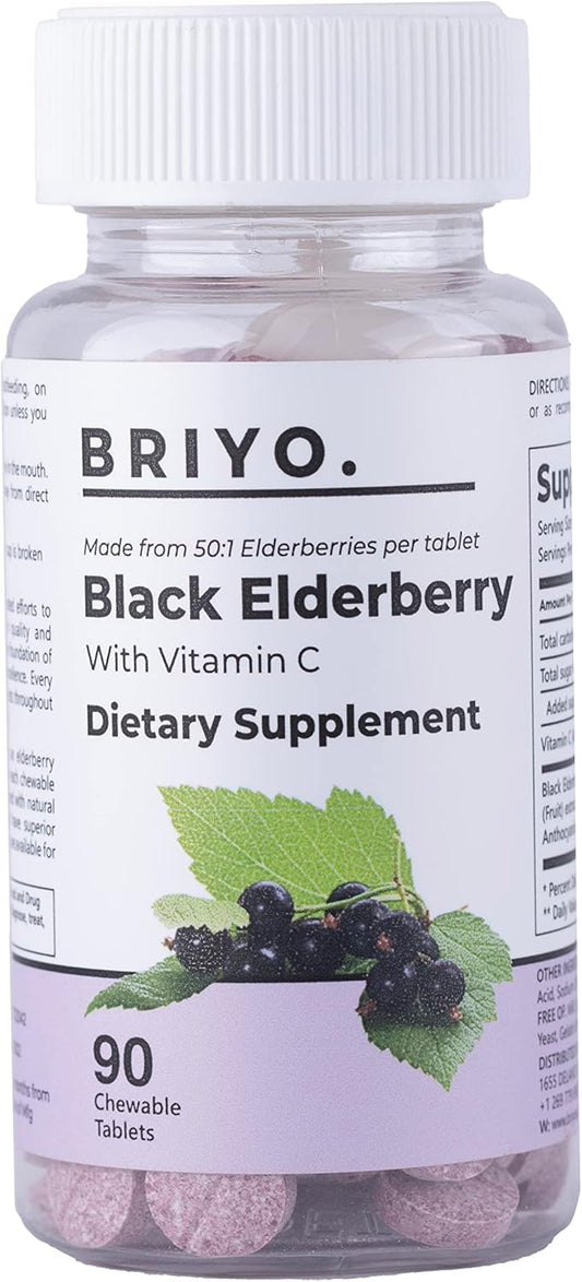 Frasco de Briyo Elderberry plus Vitamina C 90 tabletas masticables