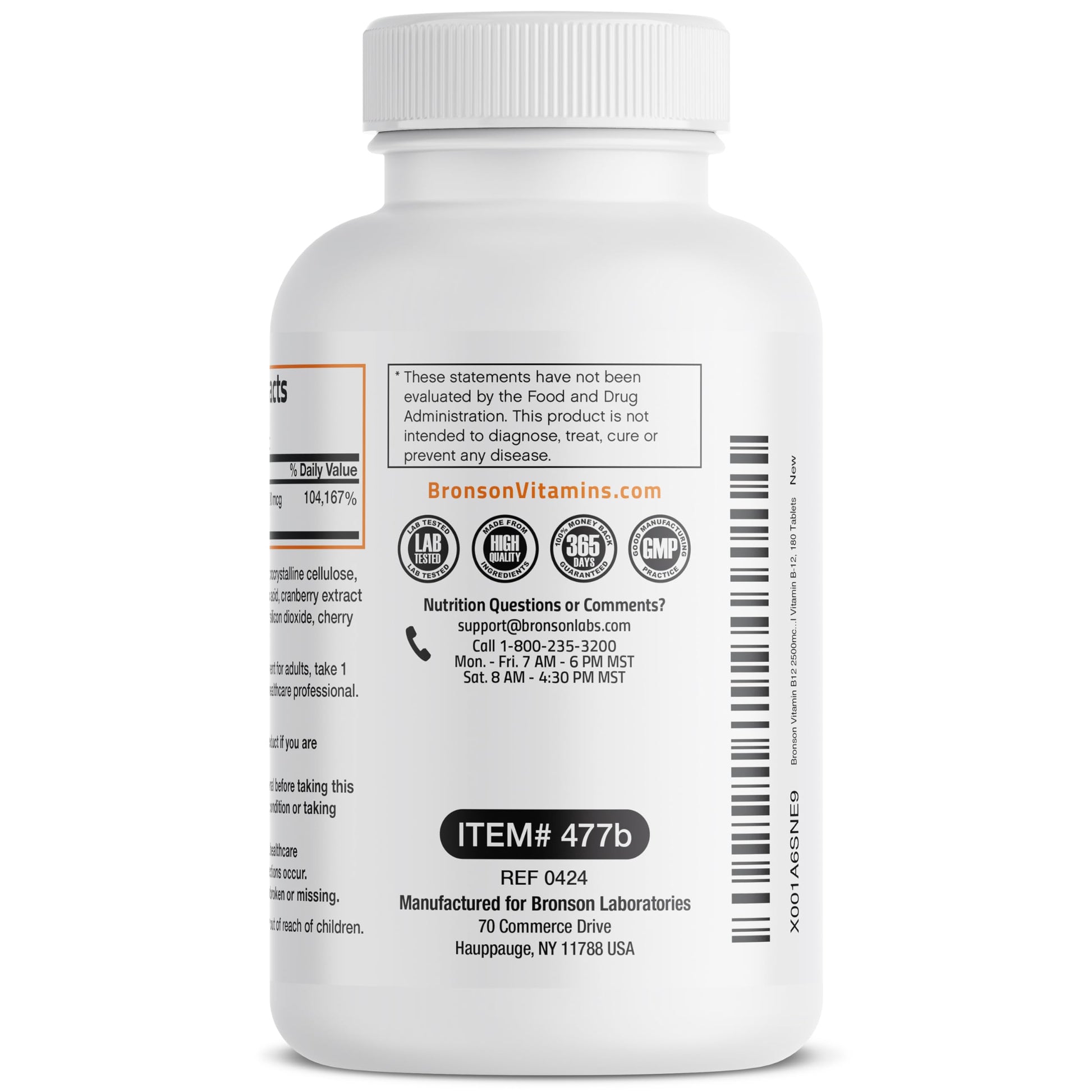 Botella Bronson Vitamina B12 180 tabletas masticables rápida acción