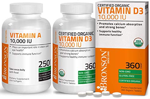 Botella de suplemento de vitamina D3 y A Bronson 10,000 UI
