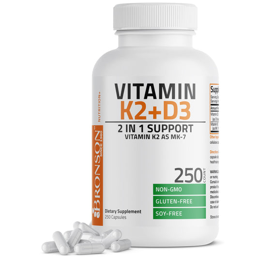 Botella de suplemento Bronson vitamina K2 y D3 250 cápsulas