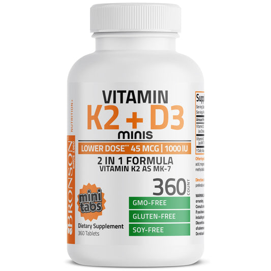 Botella de Bronson Vitamina K2 MK7 y D3 360 mini tabletas