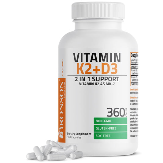 Botella de Bronson vitamina K2 MK7 con D3 5000 IU 360 cápsulas