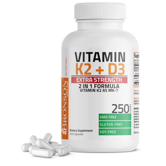 Bronson suplemento vitamina K2 MK7 y D3 fuerza extra frasco 250 cápsulas