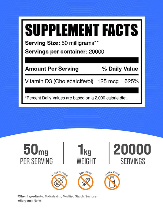 Detalle frasco BulkSupplements vitamina D3 polvo 5000 UI
